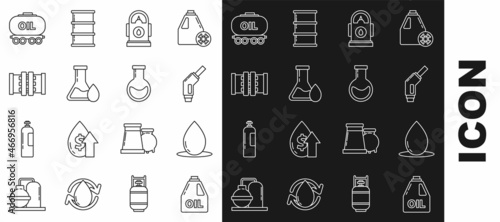 Set line Canister for motor machine oil, Oil drop, Gasoline pump nozzle, Petrol station, petrol test tube, Industry metallic pipes and valve, railway cistern and Test flask icon. Vector