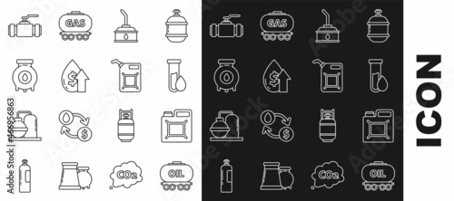 Set line Oil railway cistern, Canister for gasoline, petrol test tube, motor machine oil, price increase, and industrial factory building, Industry metallic pipes valve and icon. Vector