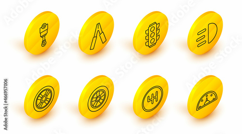 Set line Speedometer, Gear shifter, Car wheel, High beam, Traffic light, battery jumper power cable and Engine piston icon. Vector