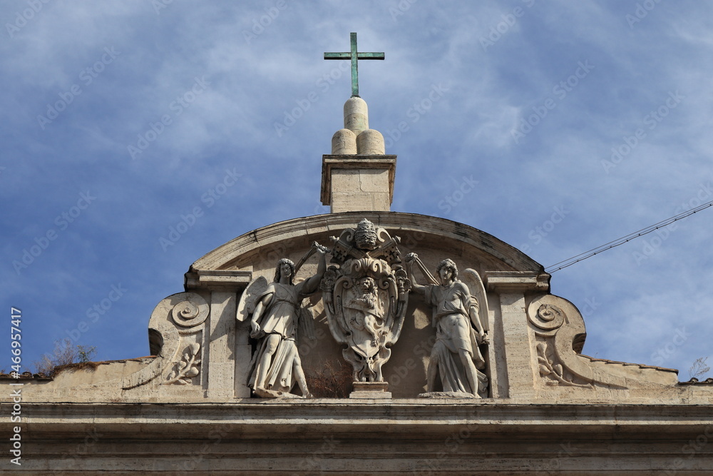 Fontana dell'Acqua Felice Fountain Sculpted Detail with Cross and Angel Statues in Rome, Italy