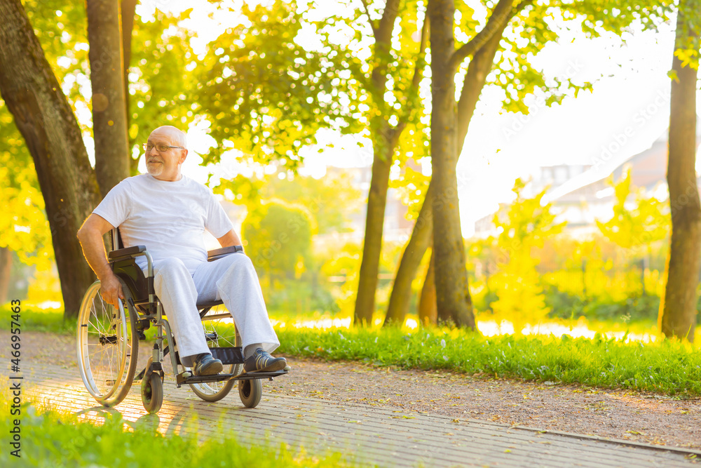 Caregiver and old man in a wheelchair. Professional nurse and patient walking outdoor in the park at sunset. Assistance, rehabilitation and health care. Caregiver and old man in a wheelchair. Professional nurse and patient walking outdoor in the park at sunset. Assistance, rehabilitation and health care.