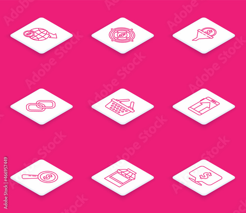 Set line Earth globe with dollar, Target, Lead management, Chain link, Shopping basket, Smartphone, mobile phone, Magnifying glass and and building or market store icon. Vector