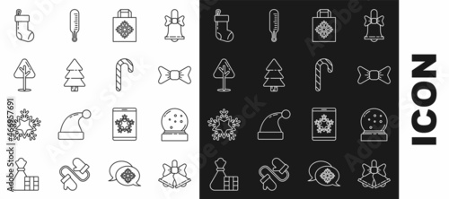 Set line Merry Christmas ringing bell, snow globe with fallen snow, Bow tie, paper shopping bag, tree, stocking and candy cane stripes icon. Vector
