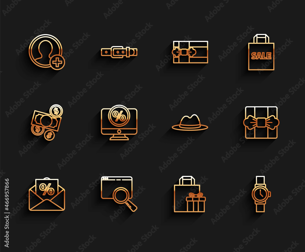Set line Envelope with an interest discount, Search browser window, Create account screen, Gift box, Wrist watch, Percent and monitor, and Man hat ribbon icon. Vector Set line Envelope with an interest discount, Search browser window, Create account screen, Gift box, Wrist watch, Percent and monitor, and Man hat ribbon icon. Vector