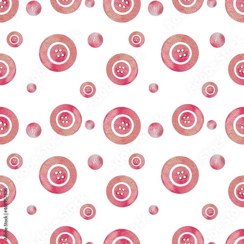 Pink baby girl watercolor seamless pattern with button. Baby pink paint brush stroke background.