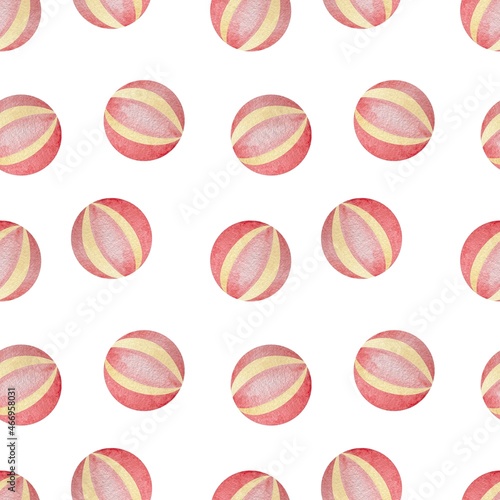 Pink baby girl watercolor seamless pattern with ball. Baby pink paint brush stroke background.