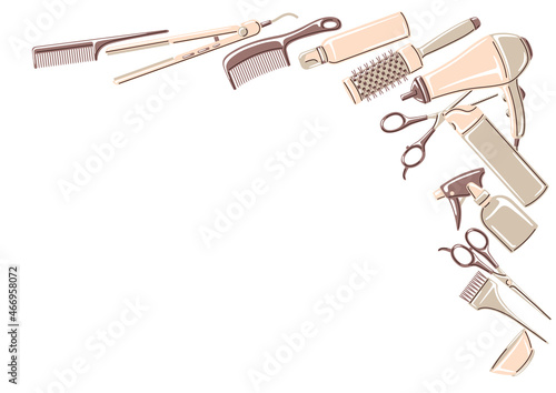 Barbershop background with professional hairdressing tools. Haircutting illustration.