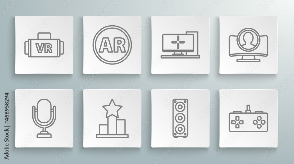 Set line Microphone, Ar, augmented reality, Star, Stereo speaker, Gamepad, Computer monitor, Create account screen and Virtual glasses icon. Vector Set line Microphone, Ar, augmented reality, Star, Stereo speaker, Gamepad, Computer monitor, Create account screen and Virtual glasses icon. Vector