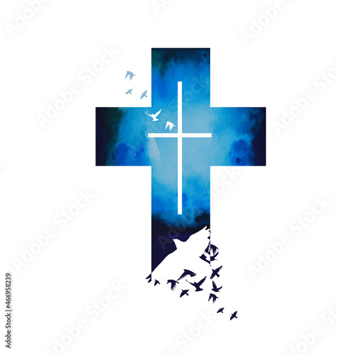 A blue cross of flying birds. Vector illustration