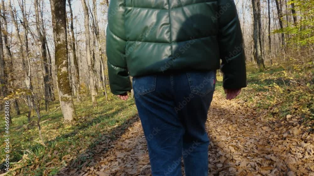 A woman in a jacket and jeans walks with a girl through an autumn forest. Mother and daughter on a walk in the woods. The concept of a happy childhood A woman in a jacket and jeans walks with a girl through an autumn forest. Mother and daughter on a walk in the woods. The concept of a happy childhood