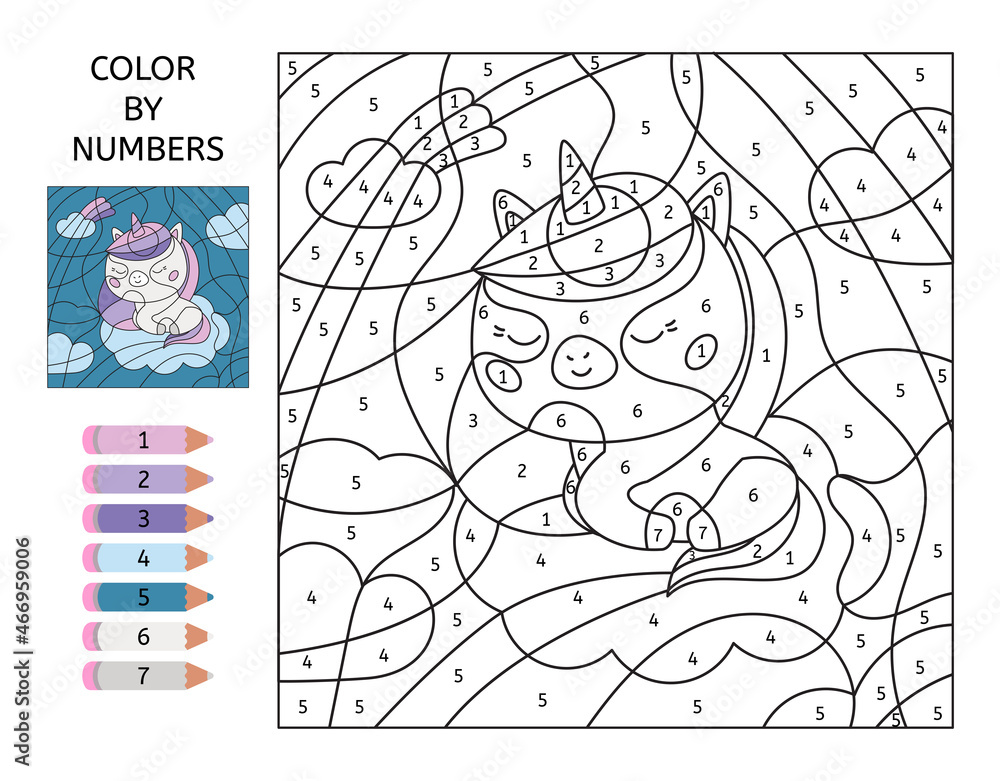Color by numbers. Cute cartoon unicorn on cloud. Kawaii animal. Educational  game for preschool kids. Printable activity worksheet. Coloring page. Learn  numbers. Vector illustration. Stock Vector | Adobe Stock