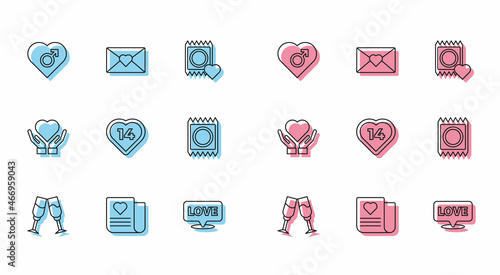 Set line Glass of champagne, Envelope with Valentine heart, Heart male gender, Speech bubble text love, Condom package, hand and icon. Vector