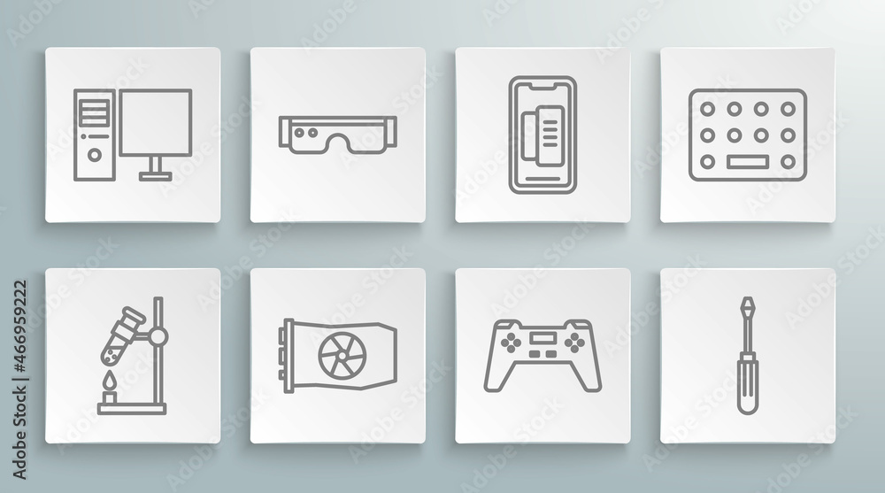 Set line Test tube flask on fire, Smart glasses, Video graphic card, Gamepad, Screwdriver, Smartphone, mobile phone, Pills in blister pack and Computer monitor icon. Vector Set line Test tube flask on fire, Smart glasses, Video graphic card, Gamepad, Screwdriver, Smartphone, mobile phone, Pills in blister pack and Computer monitor icon. Vector