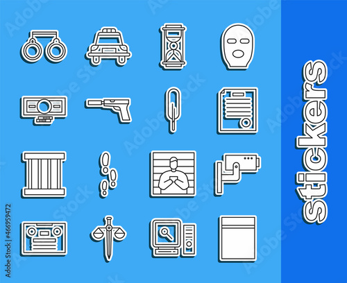 Set line Plastic bag with ziplock, Security camera, The arrest warrant, Old hourglass sand, Pistol or gun silencer, Stacks paper money cash, Handcuffs and Feather pen icon. Vector