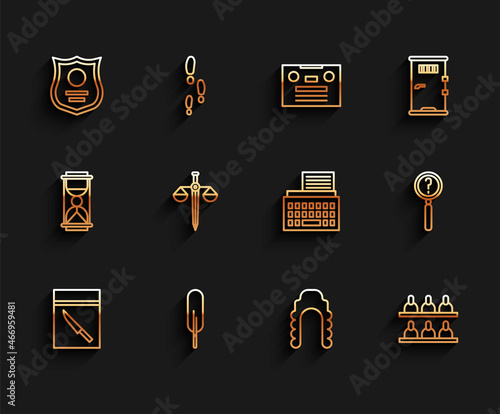 Set line Evidence bag and knife, Feather pen, Police badge, Judge wig, Jurors, Scales of justice, Magnifying glass with search and Retro typewriter icon. Vector