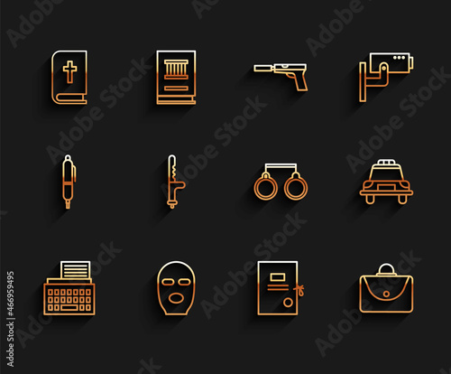 Set line Retro typewriter, Thief mask, Holy bible book, Lawsuit paper, Briefcase, Police rubber baton, car and flasher and Handcuffs icon. Vector