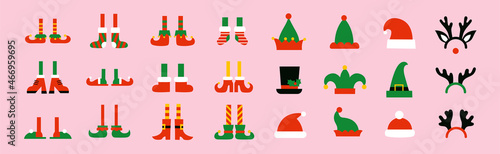 Christmas set of elf legs and elf hats. Isolated illustrations of cartoon shoes and boots for elves feet. Santa Claus red hat, reindeer antlers. Photo Booth props. Winter holiday clipart