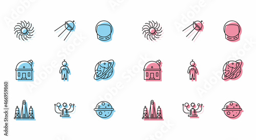 Set line Rocket launch from the spaceport, Solar system, Black hole, Planet Venus, Astronaut, Space capsule and parachute, Astronomical observatory and Satellite icon. Vector