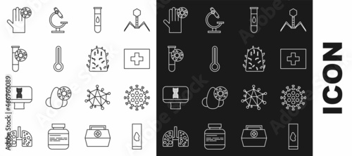 Set line Blood test and virus, Virus, First aid kit, Medical thermometer, Test tube with, Hand and Rabies icon. Vector