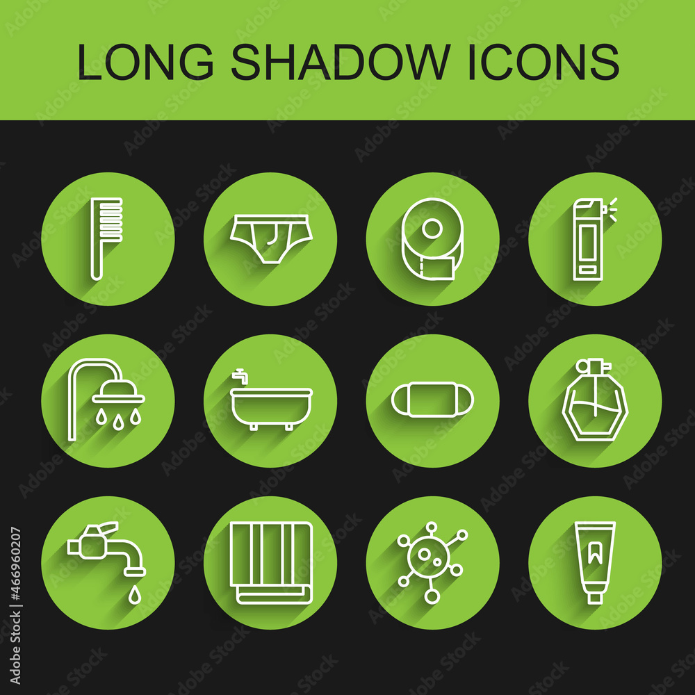 Set line Water tap, Towel stack, Hairbrush, Virus, Tube of toothpaste, Bathtub, Perfume and Medical protective mask icon. Vector Set line Water tap, Towel stack, Hairbrush, Virus, Tube of toothpaste, Bathtub, Perfume and Medical protective mask icon. Vector