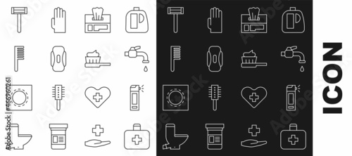 Set line First aid kit, Bottle with nozzle spray, Water tap, Wet wipe pack, Sanitary napkin, Hairbrush, Shaving razor and Toothbrush toothpaste icon. Vector