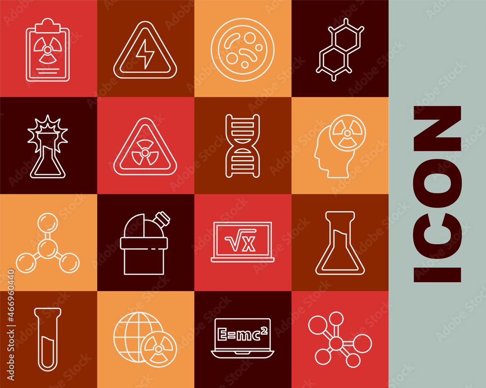 Set line Molecule, Test tube and flask, Head radiation symbol, Bacteria, Triangle with, Radiation warning document and DNA icon. Vector Set line Molecule, Test tube and flask, Head radiation symbol, Bacteria, Triangle with, Radiation warning document and DNA icon. Vector