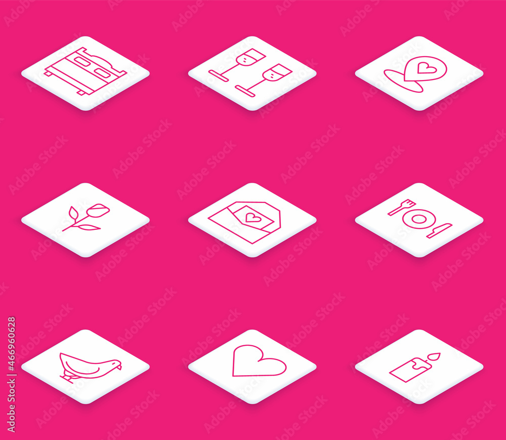 Set line Bedroom, Glass of champagne, Location with heart, Flower rose, Envelope Valentine, Plate, fork and knife, Dove and Heart icon. Vector Set line Bedroom, Glass of champagne, Location with heart, Flower rose, Envelope Valentine, Plate, fork and knife, Dove and Heart icon. Vector