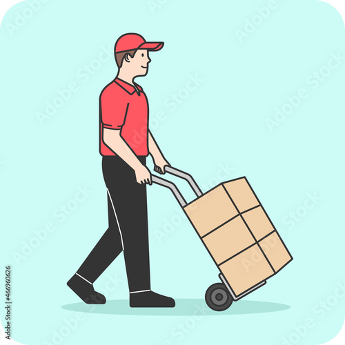 Delivery man pushing a cart , 2D character activity, illustration design and isolated background.