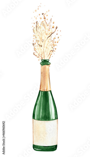Watercolor splashing champagne bottle isolated on white background