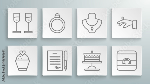 Set line Wedding cake with heart, Diamond engagement ring, Marriage contract, Cake plate, rings, Necklace mannequin, hand and Glass of champagne icon. Vector