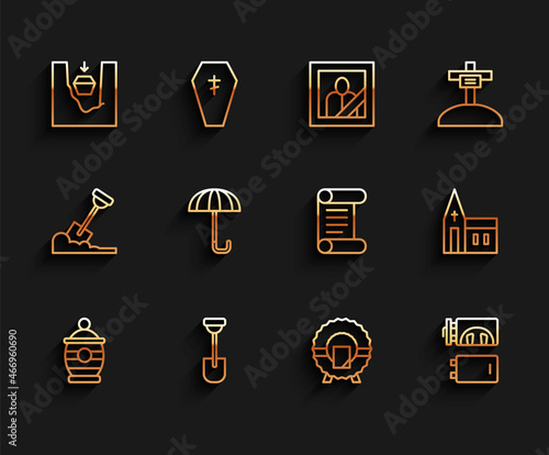 Set line Funeral urn, Shovel, Coffin in grave, Memorial wreath, Crematorium, Umbrella, Church building and Decree, parchment, scroll icon. Vector