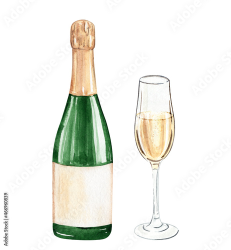 Canvas Print Watercolor champagne bottle and glass isolated on white background