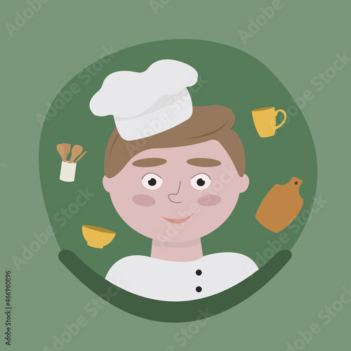 A boy dressed as a cook with dishes on a green background