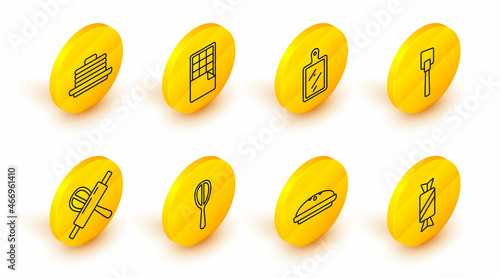 Set line Candy, Homemade pie, Kitchen whisk, rolling pin, Spatula, Cutting board, Chocolate bar and Stack of pancakes icon. Vector