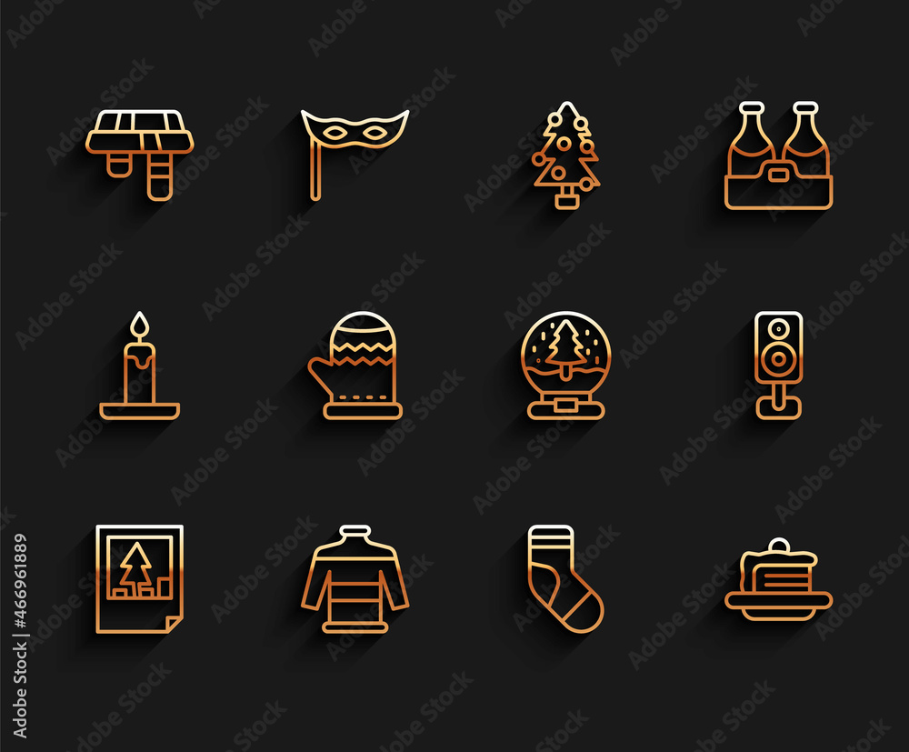 Set line Christmas postcard, sweater, Winter scarf, stocking, Cake, mitten, Stereo speaker and snow globe icon. Vector Set line Christmas postcard, sweater, Winter scarf, stocking, Cake, mitten, Stereo speaker and snow globe icon. Vector
