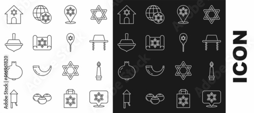 Set line Star of David, Burning candle, Orthodox jewish hat, Torah scroll, Hanukkah dreidel, Jewish synagogue and Balloon with star david icon. Vector