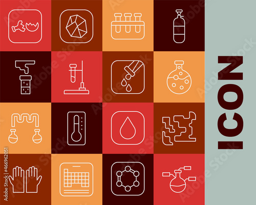 Set line Test tube and flask, Gaseous, on fire, Broken and icon. Vector