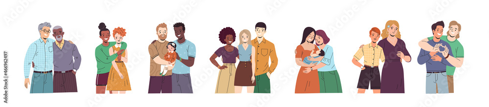 LGBT couples and families. Vector illustration in trendy flat style of gay people in love of different sexes and ages. Isolated on white - obrazy, fototapety, plakaty 