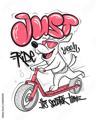 Cartoon dog riding a scooter vector T-Shirt design
