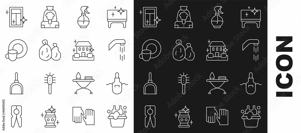 Set line Basin with soap suds, Kitchen apron, Shower head, Water spray bottle, Garbage bag, Washing dishes, Cleaning service for window and Home cleaning icon. Vector