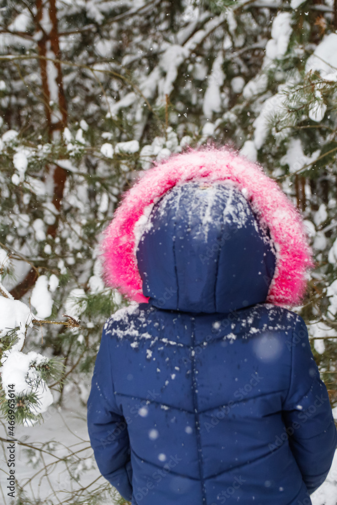 Rear view of little happy girl in pink warm fur hood walking outside on nature winter snowy forest background. Pretty child outdoor, cold weather. Caucasian kid. Winter nature. Vertical. Back view Rear view of little happy girl in pink warm fur hood walking outside on nature winter snowy forest background. Pretty child outdoor, cold weather. Caucasian kid. Winter nature. Vertical. Back view