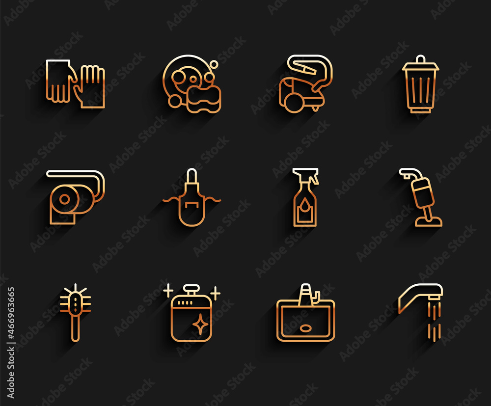 Set line Toilet brush, Clean cooking pot, Rubber gloves, Washbasin, Shower head, Kitchen apron, Vacuum cleaner and Cleaning spray bottle icon. Vector Set line Toilet brush, Clean cooking pot, Rubber gloves, Washbasin, Shower head, Kitchen apron, Vacuum cleaner and Cleaning spray bottle icon. Vector