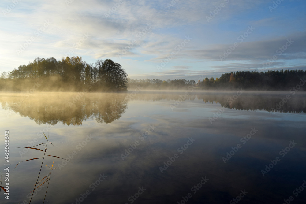 Fototapeta premium lake and morning autumn fog