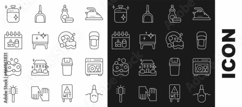 Set line Kitchen apron, Dishwasher machine, Bucket with rag, Dishwashing liquid bottle, Clean table, Cleaning calendar, cooking pot and Washing dishes icon. Vector
