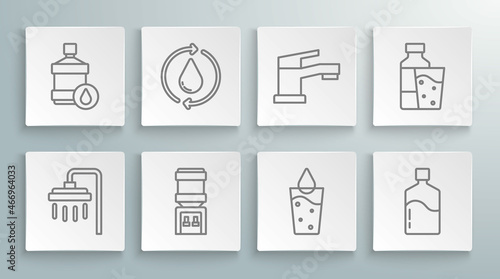 Set line Shower, Recycle clean aqua, Water cooler, Glass with water, Big bottle, tap, Bottle of glass and icon. Vector