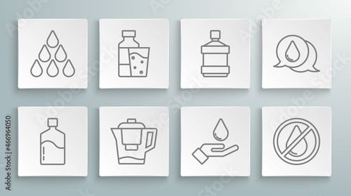 Set line Big bottle with clean water  Bottle of glass  Water jug filter  Washing hands soap  drop forbidden  and icon. Vector