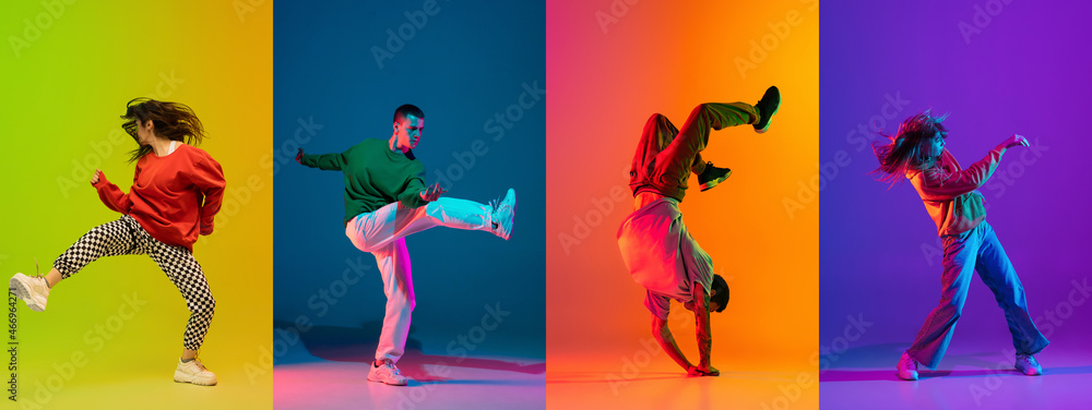 Obraz premium Collage with young emotive men and girls, break dance, hip hop dancer in action, motion isolated over colorful background in neon