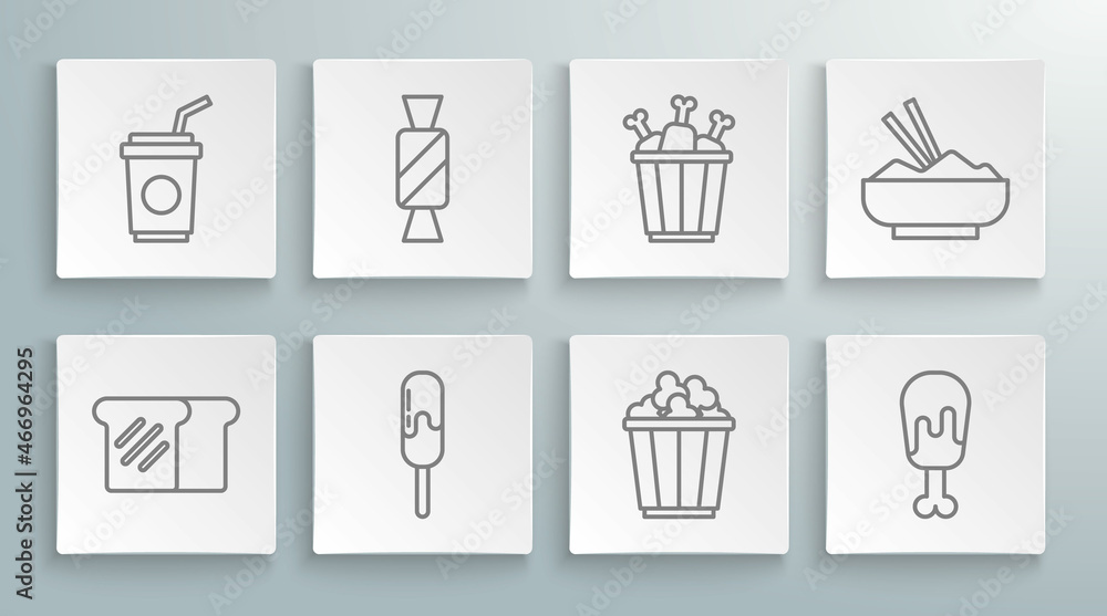 Set line Bread toast, Candy, Ice cream, Popcorn in box, Chicken leg, package, Rice bowl with chopstick and Paper glass straw icon. Vector Set line Bread toast, Candy, Ice cream, Popcorn in box, Chicken leg, package, Rice bowl with chopstick and Paper glass straw icon. Vector