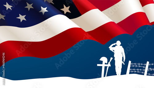 Veterans Day celebration illustration. US flag on HD background banner. Remember and honor.