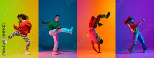 Obraz na płótnie Collage with young emotive men and girls, break dance, hip hop dancer in action,